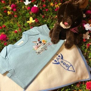 Boy 0-3 months Blue set; onesie, towel and stuffed bunnie